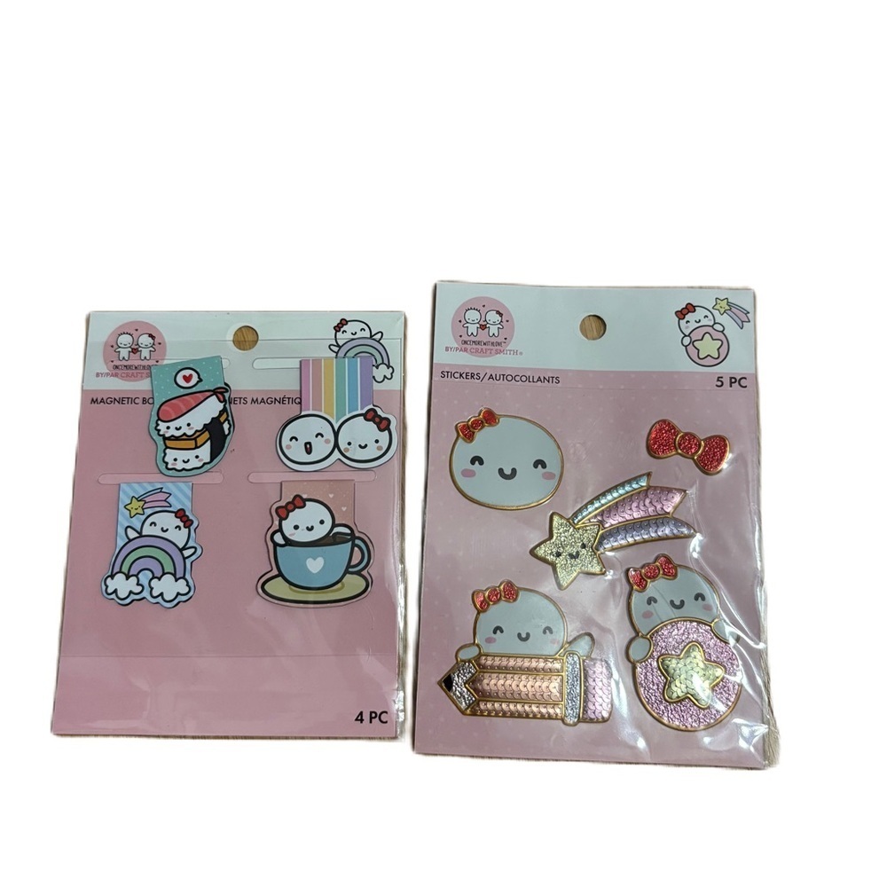 Pastel Pink Cute Character Magnetic Clips & Sticker Set Red Bow Stationary NEW